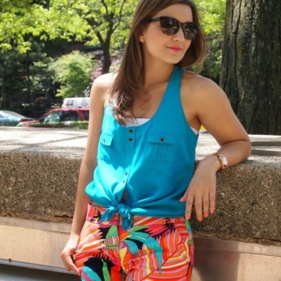 Yumi Kim Myla Tank Jayne Tulip Pink Print Floral Top Size Large Blouse Pink Blue - Picture 7 of 10